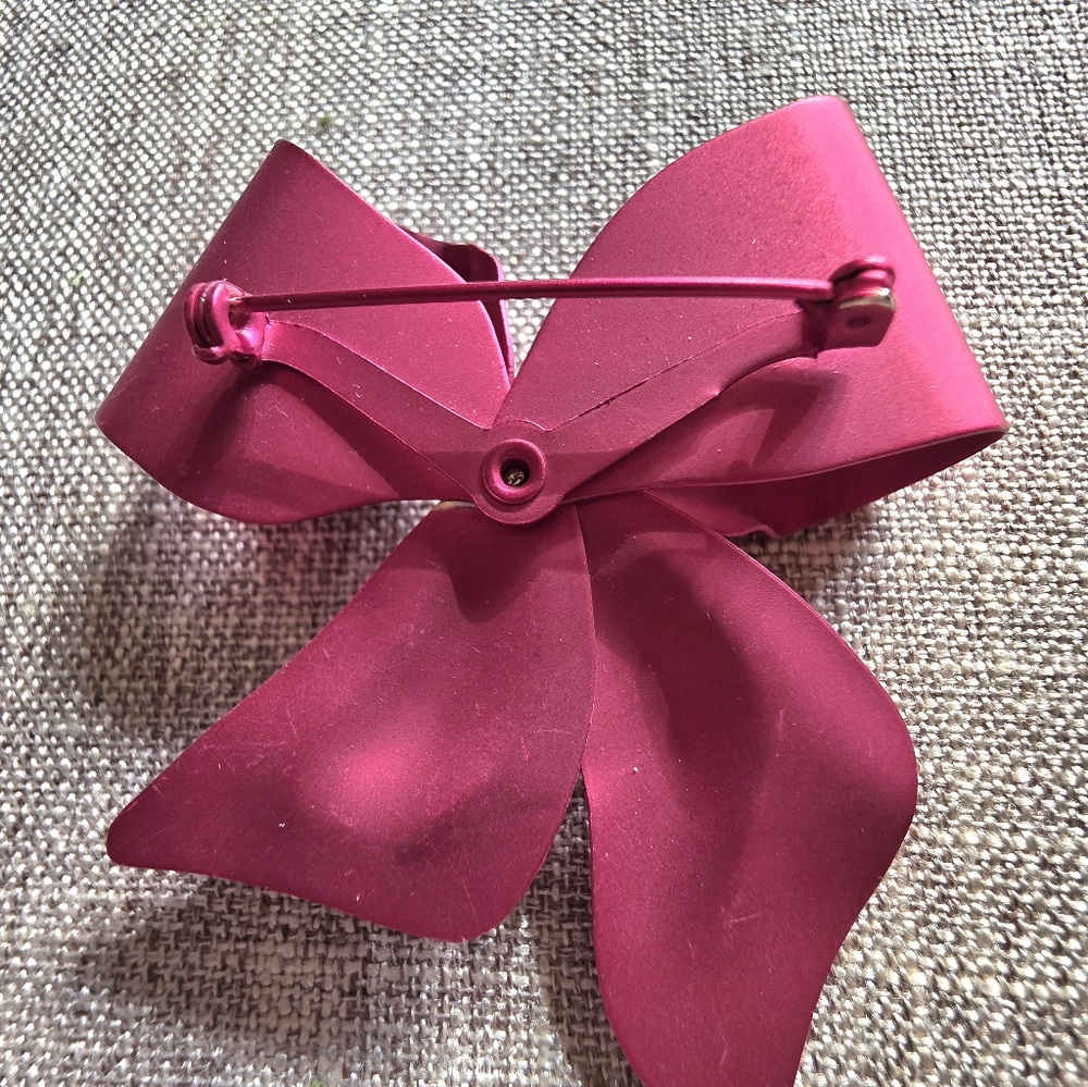 Red Christmas Bow Brooch with Rhinestone Accent - Picture 3 of 3